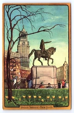 Postcard Union Square New York Statue of Washington,  For Defense Stamp