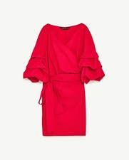 ZARA MINI DRESS WITH RUFFLED SLEEVES and sash belt-red-POPLIN-ref 4437/249-S-NWT