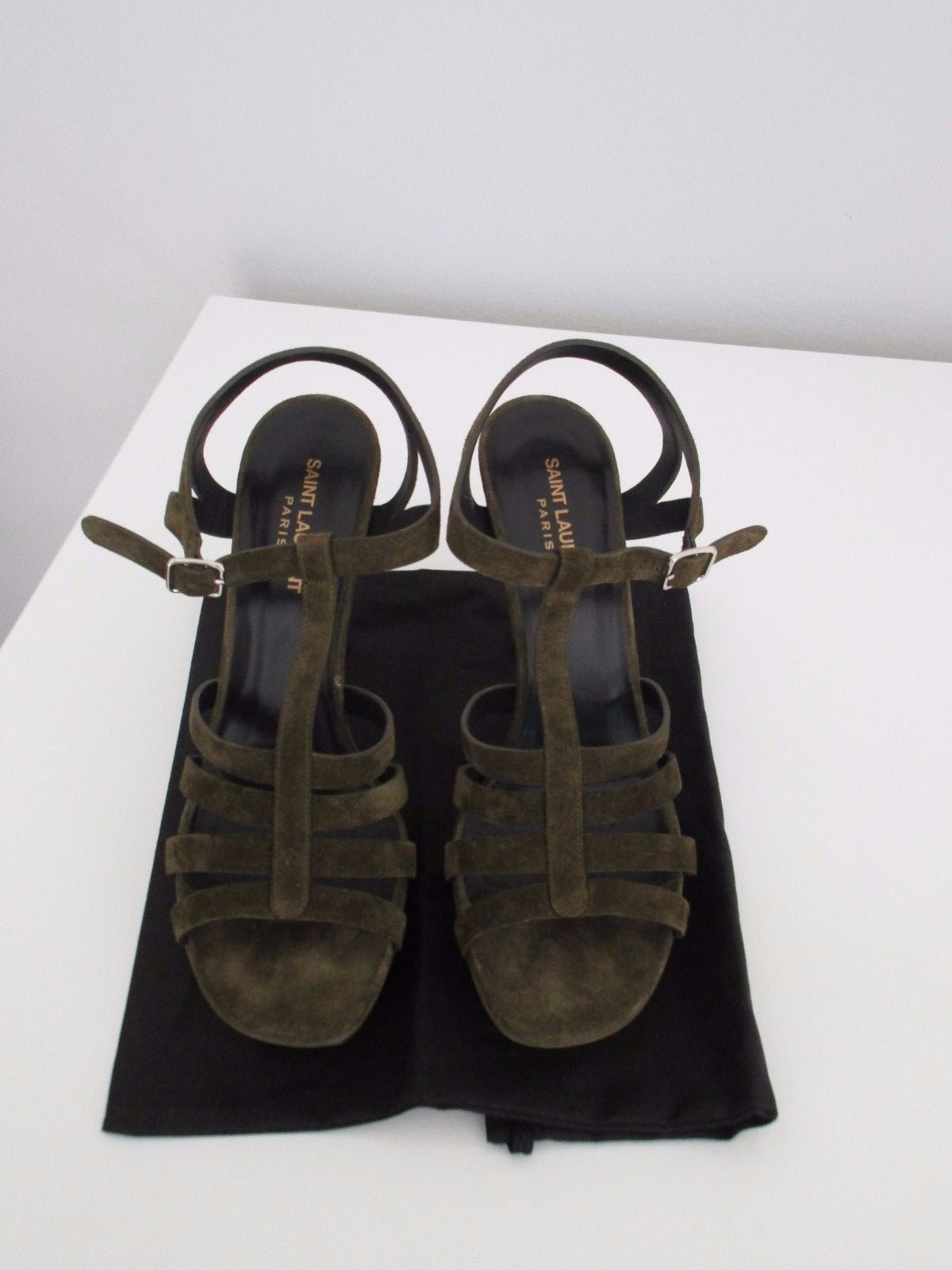 Scarpe sandali Saint Laurent Tribute in pelle scamosciata verde oliva cinturino a T plateau taglia 40