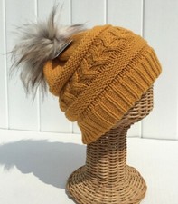 Women Winter Warm Knit w/ Faux fur Pom Stretchy Ski Beanie hat Dark Yellow H
