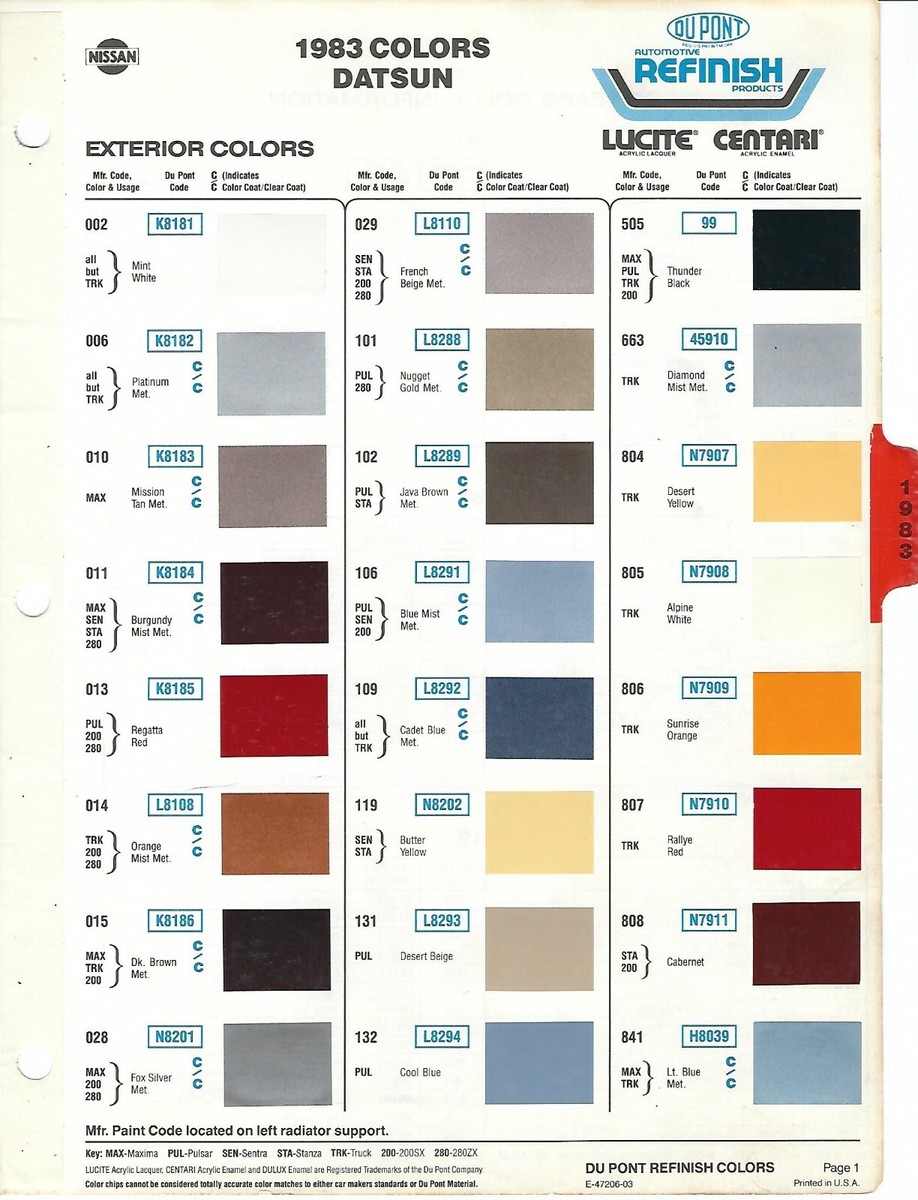 1983 & 1984 DATSUN 200SX 300ZX SENTRA PULSAR MAXIMA COLOR SAMPLES