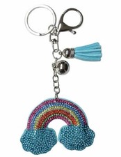 Gioiello da borsa, portachiavi arcobaleno blu e strass cristallo multicolore.