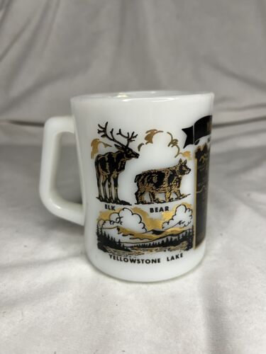 Vintage Yellowstone National Park Souvenir Federal Milk Glass Cup/mug - Afbeelding 1 van 6
