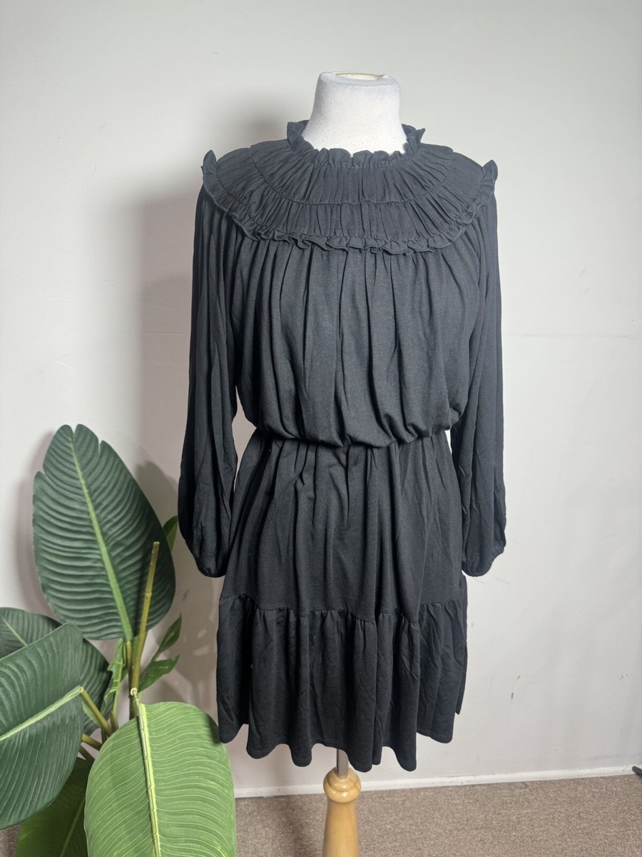 ann taylor petite black dress Ann Taylor Petite Belted Crew Neck Flare Dress Size 14 Black Women's