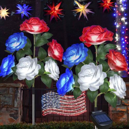 2 Pack Solar Artificial Flowers for 4th of July DecorationsOutdoor Red White ...