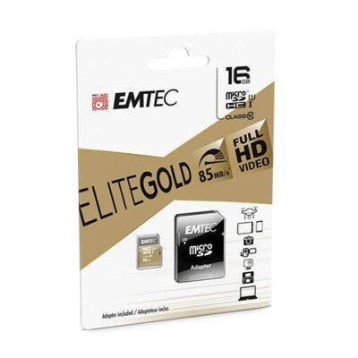 Emtec Elite Gold SDHC 16GB Class 10 Micro Memory Card & Adapt 85MB Full HD Video