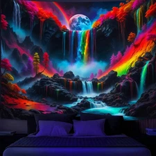 Blacklight Waterfall Planet Tapestry, UV Reactive Glow in the Dark Fantasy La...