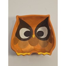 Vintage Boho Owl Trinket Holder Mid Century Orange Brown Yellow 4.5x5 Inch NEW