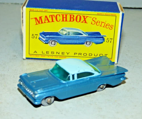 Matchbox Lesney 57 Chevrolet Impala blue, black base, grey plastic wheels