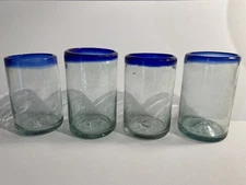 (4) Vintage Hand Blown w/ pontil mark Mexican Glasses Cobolt Blue Rim Heavy