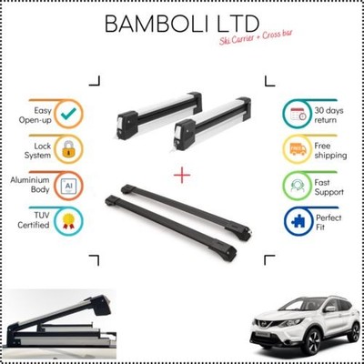 Bamboli 19'' Ski Carrier & Black Cross Bar Set For Nissan Qashqai 14-Up 4pcs