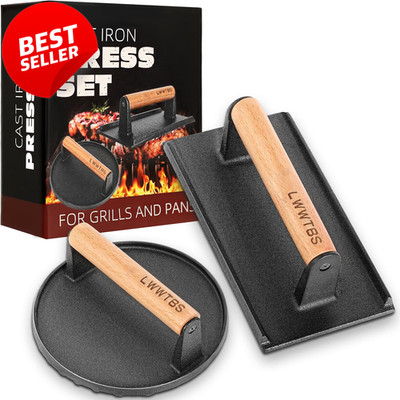 Cast Iron Burger Press Set Round Rectangle Steak Weight Wood Handle Griddle - US