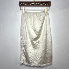 Vintage Satin Slip Mid-Length Lace Beige Slit Pull On Elastic 90s Womens Nylon M