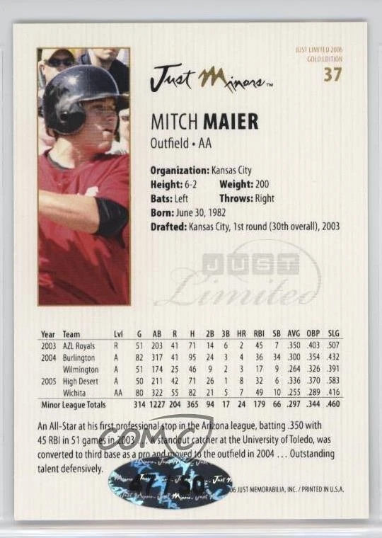 2006 Just Minors Just Limited Auto Gold /50 Mitch Maier #37 Auto - Image 2 of 2