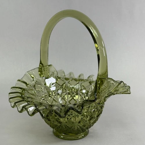 Ole Virginia Glass by Fenton Olive Green Fine Cut And Block Basket - Vintage