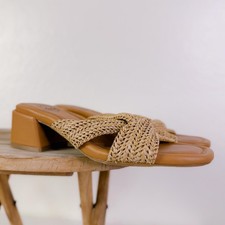 Boho Beach Raffia Straw X-Strap Slip On Block Heels Sandals Natural Tan 8.5M NEW