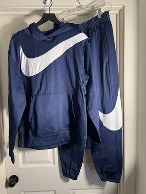 Nike Sportswear Big Swoosh Tech Fleece Pullover Hoodie & Sweatpants Blue White L