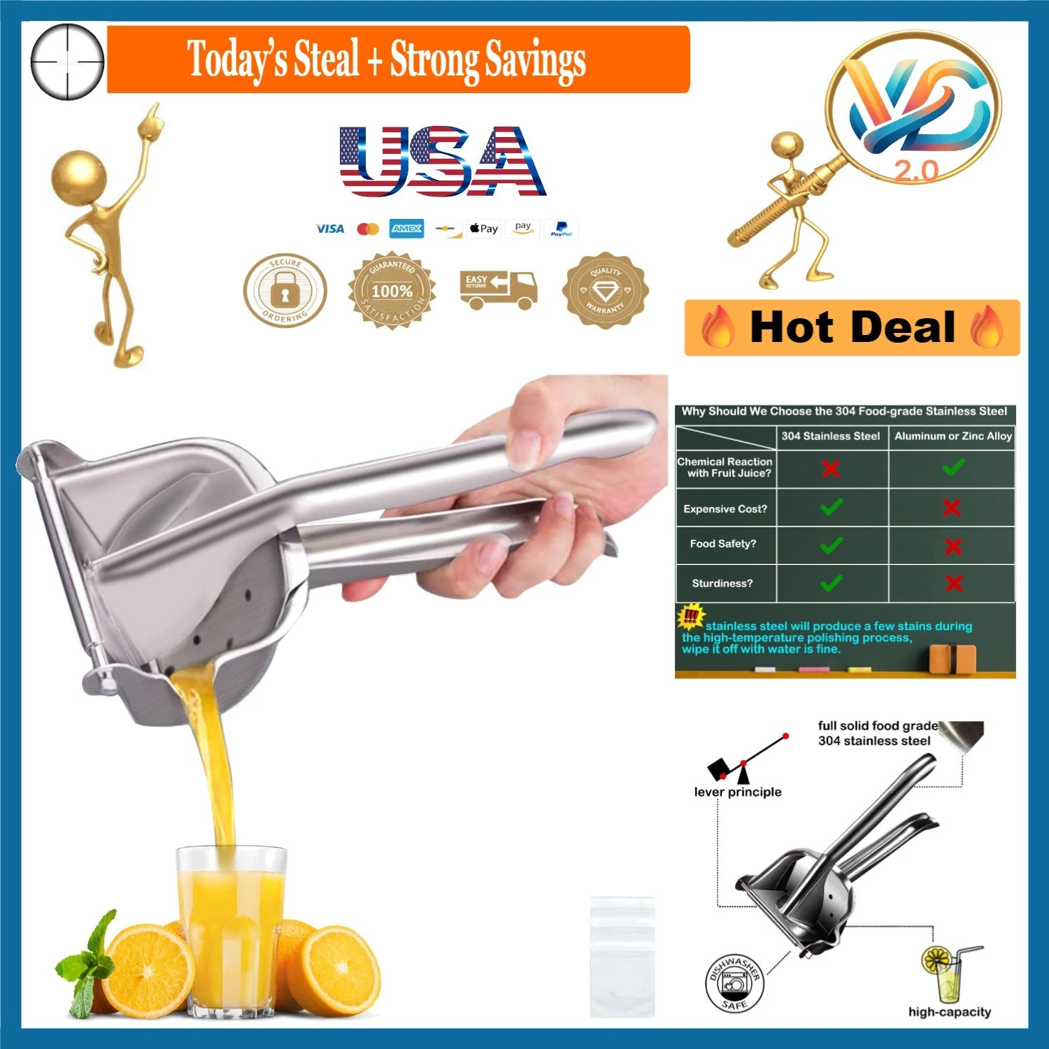 Heavy Duty Stainless Steel Lemon Squeezer Citrus Juicer Manual Hand Press
Opens in a new window or t