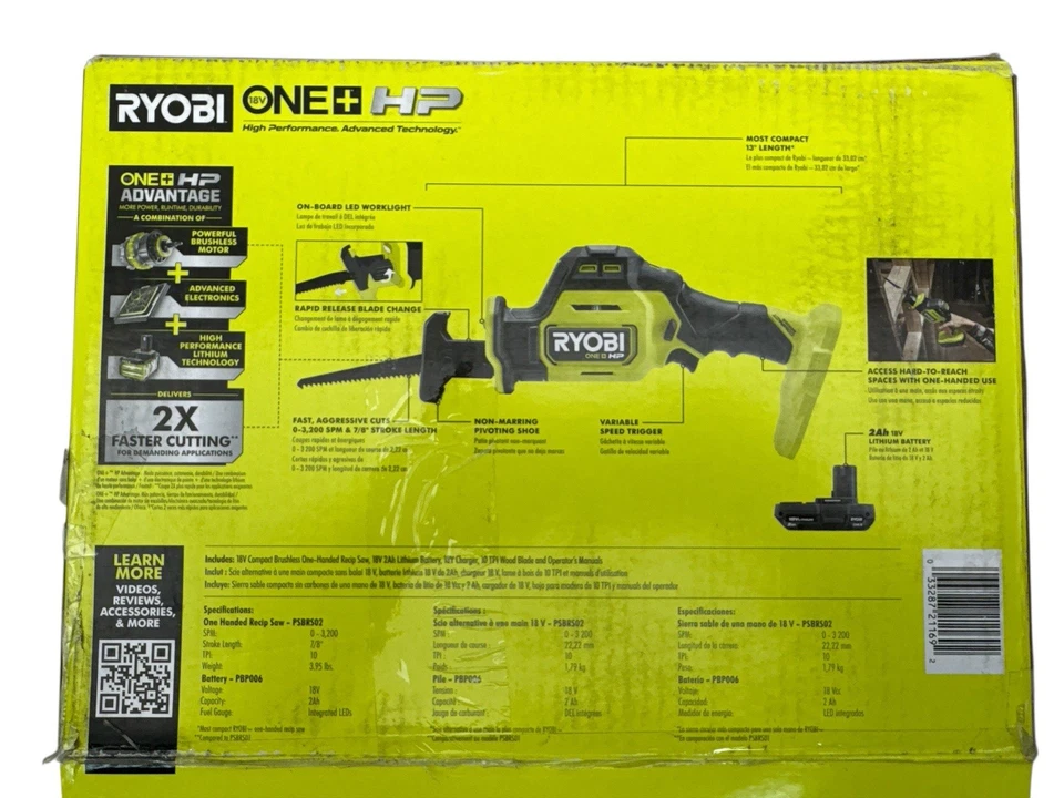 Компактная одноручная возвратно-поступательная пила Ryobi One + HP в комплекте с головкой и зарядным устройством PSBRS02K1 - Изображение 2 из 4