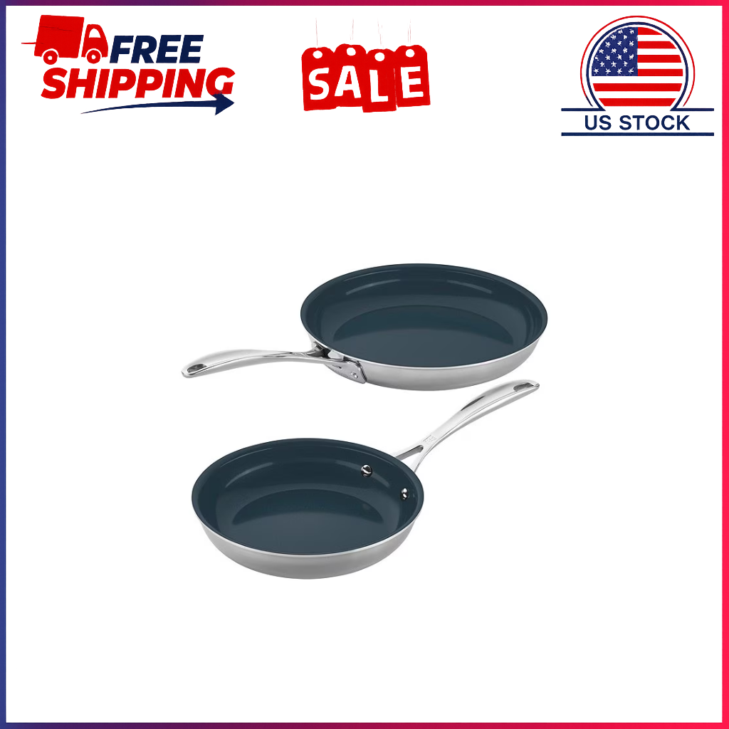 Clad CFX 2-Piece Stainless Steel Ceramic Nonstick Fry Pan Set Ships from US