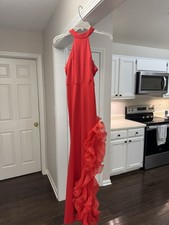 Red Halter Neck Ruffle Backless Long Chiffon Formal Gown Dress Sleeveless