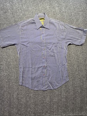 Bugatchi Uomo Short Sleeve Button Up Purple/Green Rayon Striped Shirt Small 