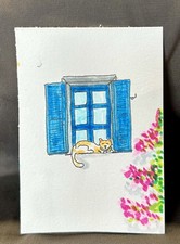 ACEO Original Art by C3 Design Goods - Sleepy Cat in a window/Santorini 1/2