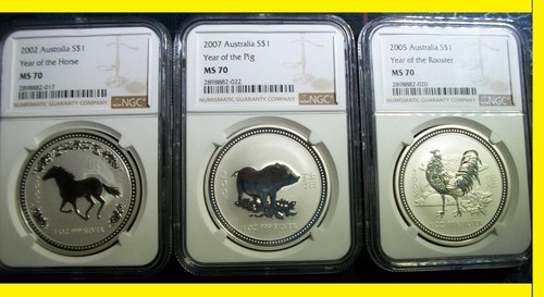 2002 2005 2007 Australian Silver Lunar Horse,Rooster ,Pig 3 oz NGC ms 70 - Picture 1 of 4