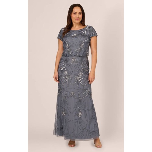 Adrianna Papell Plus Size Long Beaded Blouson Dress in Dusty Blue, size 14W - Picture 2 of 16