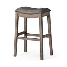 Maven Lane Adrien Saddle Barstool in Oak Finish with Ronan Stone Vegan Leather