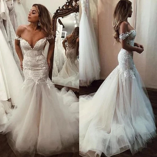 Off Shoulder Wedding Dress Mermaid Chiffon Bridal Dress Backless Lace Decal  HOT - Picture 3 of 10