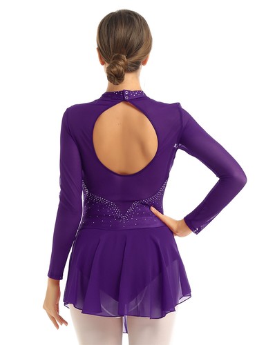 Women Long Sleeve Figure Ice Skating Dress Rhinestone Dance Gymnastic Leotard - Picture 113 of 305