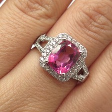 925 Sterling Silver Real White Topaz Gemstone  Pink C Z Ring Size 8
