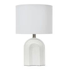 Creative Co-Op Carved Arch Stoneware Table Lamp with Linen Drum Shade, White