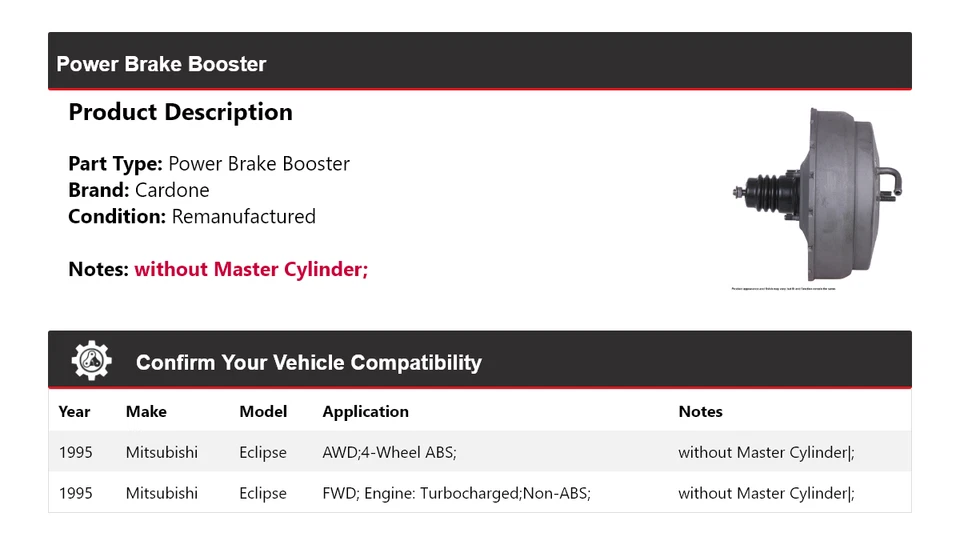 Para Mitsubishi Eclipse 1995 Power Brake Booster Cardone Foto 2 de 4