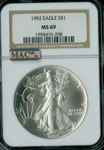1992 SILVER EAGLE 1-OZ DOLLAR NGC MAC MS69 PQ 2ND FINEST MAC SPOTLESS *