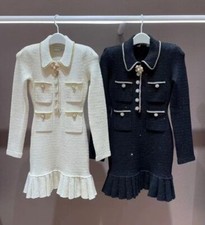 Self-portrait Women Knit Long-sleeved Fancy French Pleated Dresses Skirt