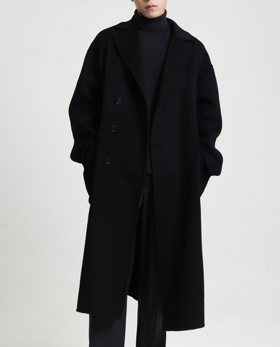 Men's Solid Coat Long Double-sided Wool Coat Lapel Button Windbreaker Long Coat - Picture 8 of 18