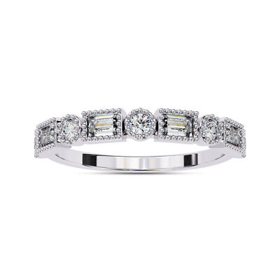 1/3 Ct Baguette & Round Cut Diamond Milgrain Half Eternity Ring 18K WG Lab Grown