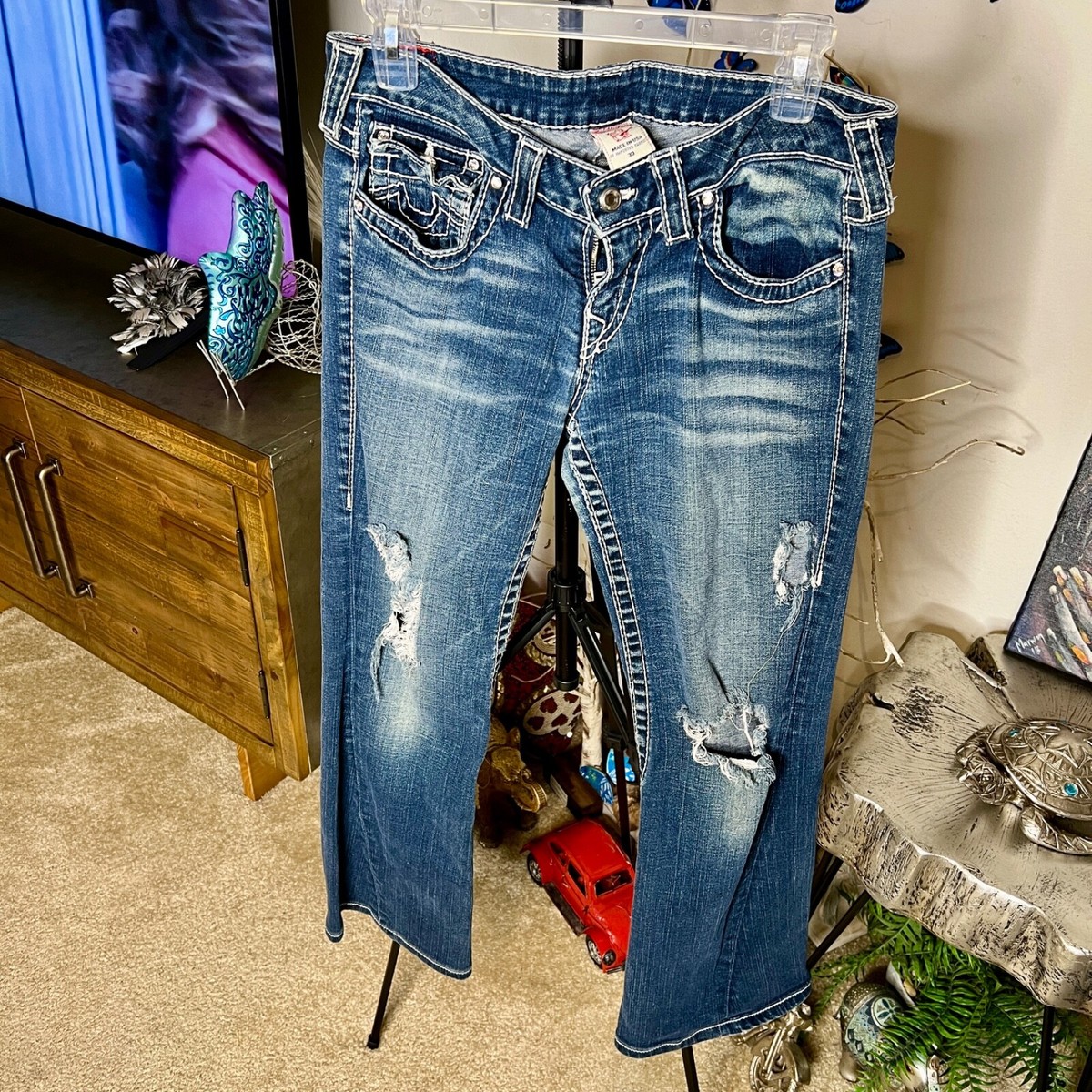 True Religion Flare Leg Crystal Buttons Distressed Denim Jeans