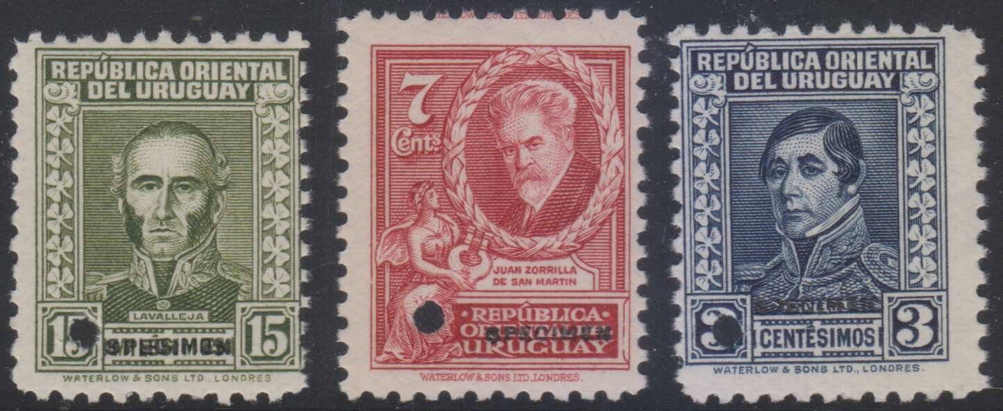 URUGUAY 1933-34 Sc 429, 446 & 453 PERF PROOFS + "SPECIMEN" MNH F,VF SCARCE