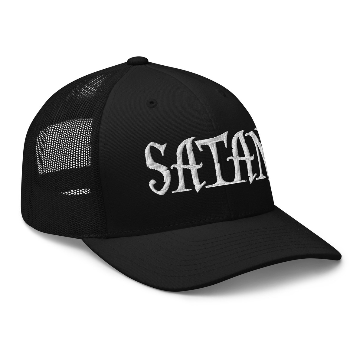 White Satan Pure Evil Trucker Hat Embroidered Occult Mesh Snapback