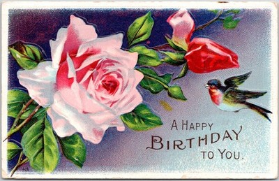 Vintage Embossed Birthday Postcard Pink Rose Red Bud Bird 1900s