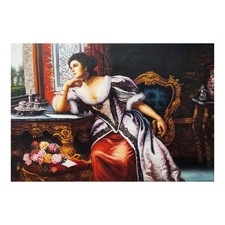 Quadro Olio 90x60 Dama Classica alla Finestra con Fiori Made in Italy