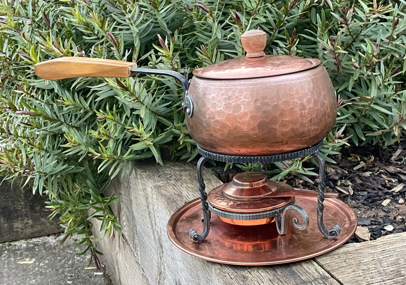 Vintage Hammered Copper STOCKLI NETSTAL Hammered Copper Fondue Set & Burner