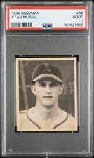 1948 BOWMAN #36 STAN MUSIAL RC (HOF) ST. LOUIS CARDINALS PSA 2 GOOD Rookie Card. rookie card picture