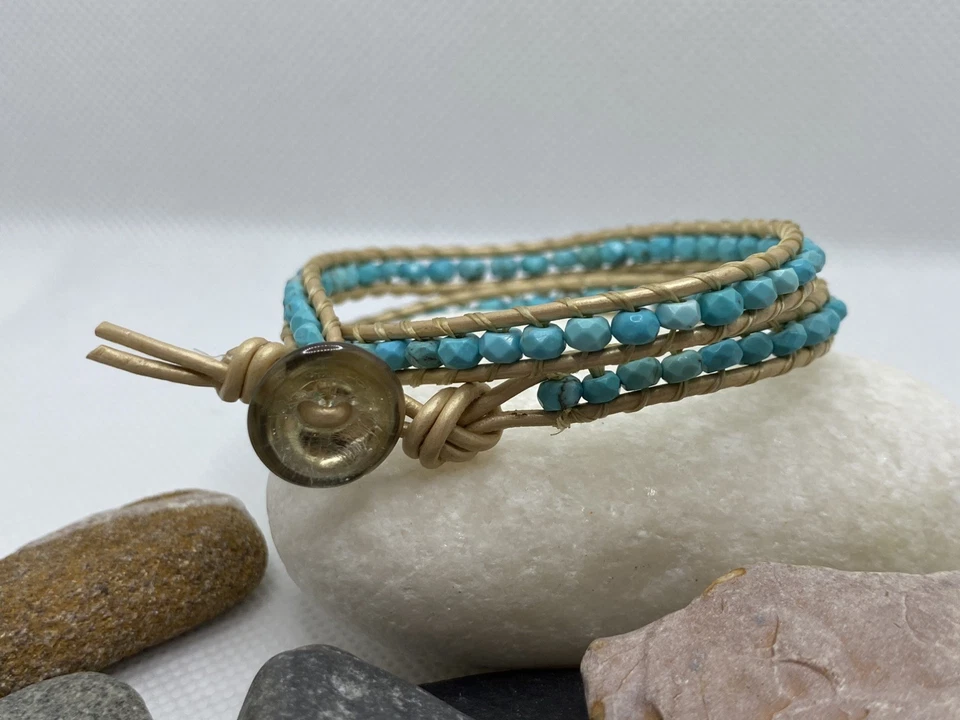 Handmade Turquoise Leather Wrap Bracelet with Czech Glass Button (Eb84) - Image 3 of 4