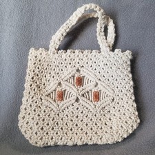 Vintage Macrame Crochet Knit Wrist Bag With Wood Beads Boho Small 6.5x8