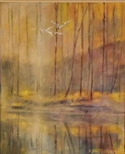 Vibrant Forest Scene Impressionist Painting  "Three Birds at Winter" Cynthia M 