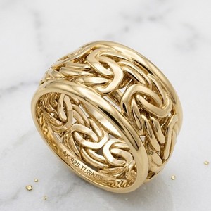 Authentic Size 7 Technibond Framed Byzantine Band Ring 14K Yellow Gold Plated 925 Silver